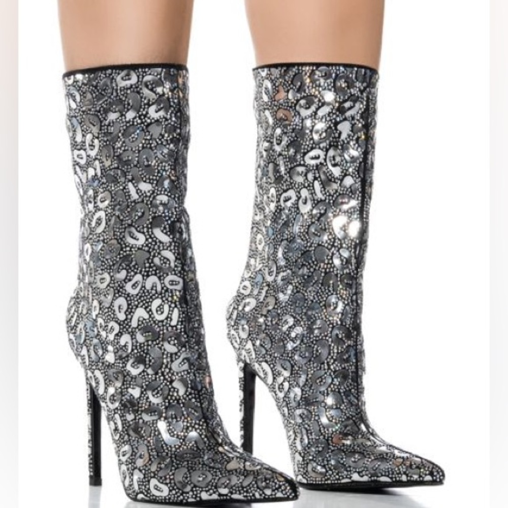 AZALEA WANG Metallic Silver Rhinestone Leopard Print High Heel Boot